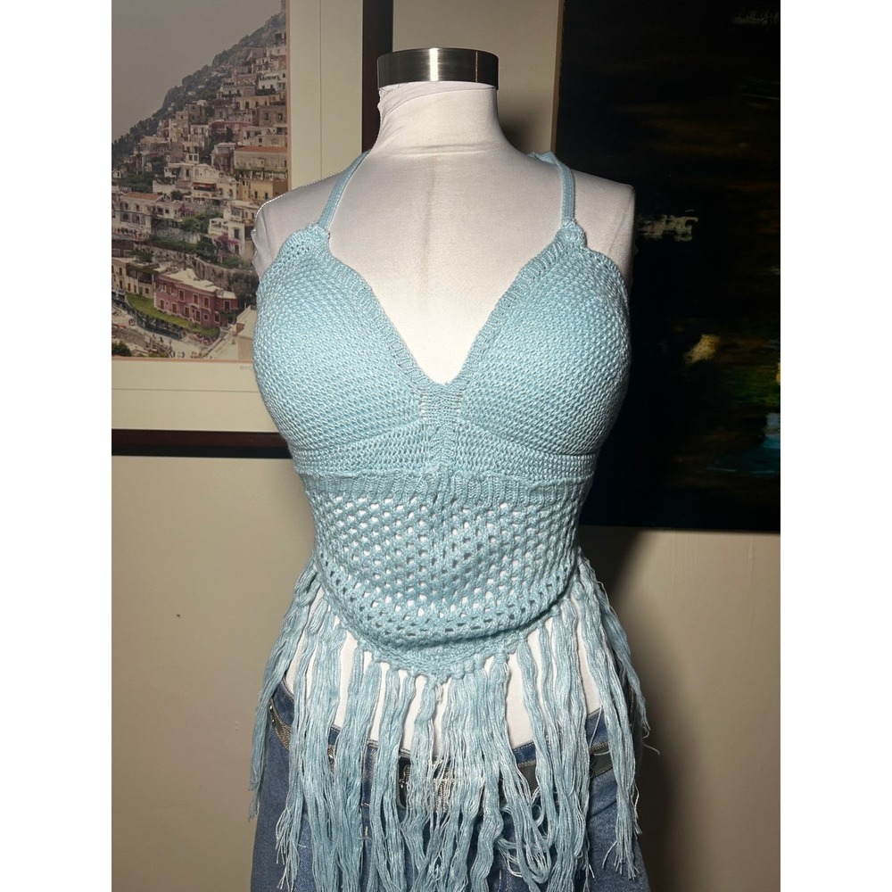 Light Blue Crochet Fringe Halter Top Boho Knit Festival 1X Coachella Beach